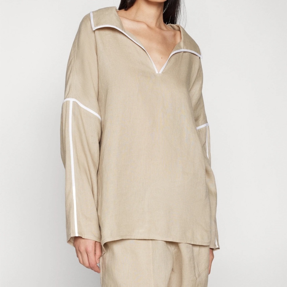 TORY BURCH Linen Oversized Luxury Blouse – Beige w/ White Piping Trim | Size L